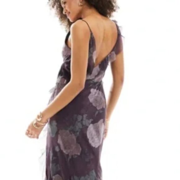 NWT ASOS Floral Cowl Neck Bias Maxi Dress With Frills And Mixed Fabric - Picture 3 of 8